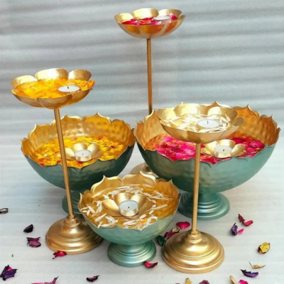 Gold And Green Brass Decorative Bowl Stand For Home Decor Pack Of Set Of 6