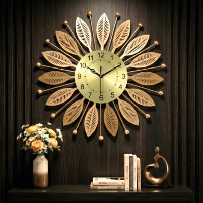 Luxury Gold Metal Leaf Wall Clock – Elegant Sunburst Designer Wall Clock for Living Room & Office Décor