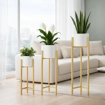 Modern White & Gold Metal Plant Stand Set of 3 – Elegant Indoor Planter Stands for Living Room & Home Décor